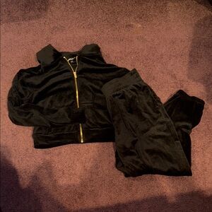 Black Velour Tracksuit with Gold Zipper